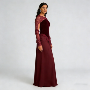 Abiti da Donna in <span class=keywords><strong>Velluto</strong></span> Bordeaux con Pizzo, Scollo Rotondo, <span class=keywords><strong>Maniche</strong></span> <span class=keywords><strong>Lunghe</strong></span>, Arricciato in Raso, Elegante e Formale - Product Image 3