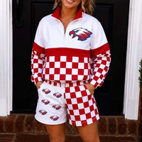 Ensemble de survêtement 2 pièces personnalisé pour femme, color block, motif damier, sweat-shirt demi-zip et short, avec logo d'équipe universitaire imprimé, ensemble assorti