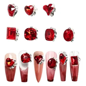 Kırmızı 5 adet kalp şekli rhinestones tırnak charms 3D elmas manikür aksesuarları tırnak tedarikçisi