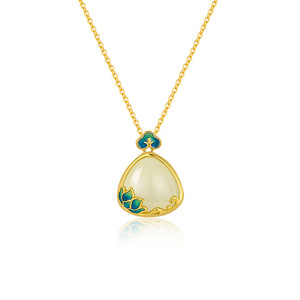 S925 <b>Sterling</b> <b>Silver</b> Enamel Lotus Inlaid Jade <b>Necklace</b> Dainty Retro Oriental Jewelry Gift For Women Girls Daily Wear - Product Image 1