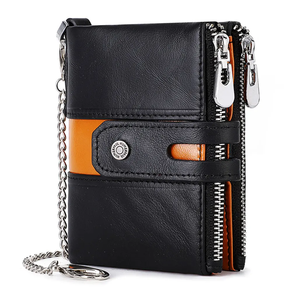 Trending Double Zippers Sides Men Cattlehide Wallet Genuine Leather Rfid Wallet Mini Purse Coin Pouch Card bag