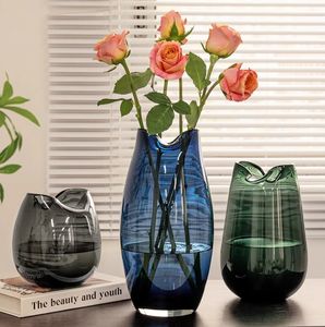 Vase en verre bleu haut de gamme pour salon, grand vase transparent pour fleurs séchées, vase à eau, luxe léger, vase pour plantes vertes en bois de cheval ivre - Product Image 5