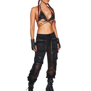 Pantalon cargo en maille filet pour femme, de haute qualité, avec poches à rabat et taille élastique, coupe ample - Product Image 2