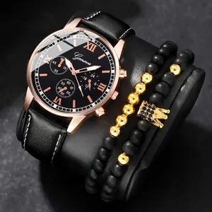 6265 Hot 3pcs Mens Watch Set Rome Leather Belt Men Hand Watch Vintage Quartz Watch & 2pcs Crown Beads Bracelets Sets