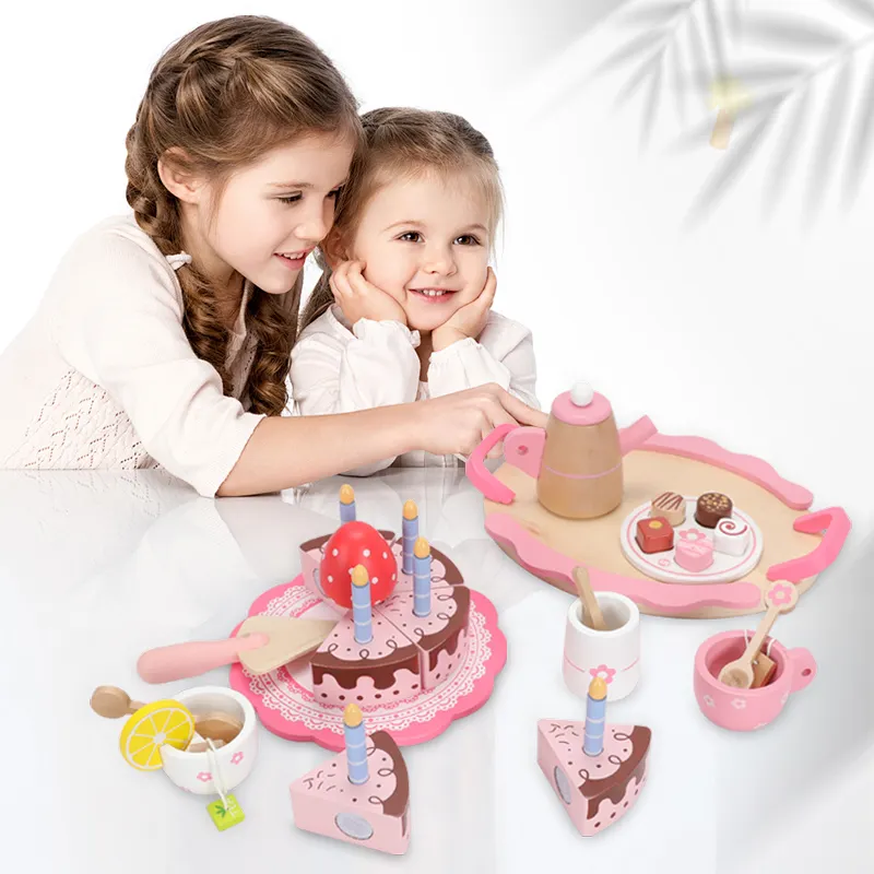 子供木製キッチンシミュレーションアフタヌーンティーセットおもちゃ子供初期教育木製ティーセット女の子誕生日ケーキおもちゃセットギフト