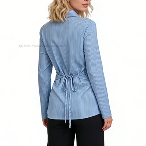 Women's Striped Wrap Front Blouse Long Sleeve Collared Shirt With Back Tie Detail Casual Office <b>Top</b> Fashion - Product Image 5