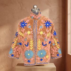 Exquisite Handmade Suzani Embroidered <b>Velvet</b> <b>Jacket</b> Stylish Floral Winter Coat Brown Boho High Neck Festival Wear <b>Women</b> - Product Image 1