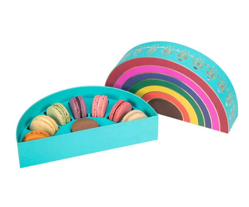 Donut personalizado 6 12 Uds caja de macarrón medio redondo Arco Iris boda favores caja de dulces papel pastel de Luna caja de regalo