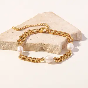 Chaîne cubaine Vintage en acier inoxydable plaqué or 18K 6mm, Bracelet de perles d'eau douce naturelles pour femmes
