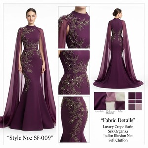 Robe de soirée longue élégante en satin prune foncé à col montant, avec capes fluides intégrées et soutien-gorge intégré, idéale pour les occasions formelles - Product Image 1
