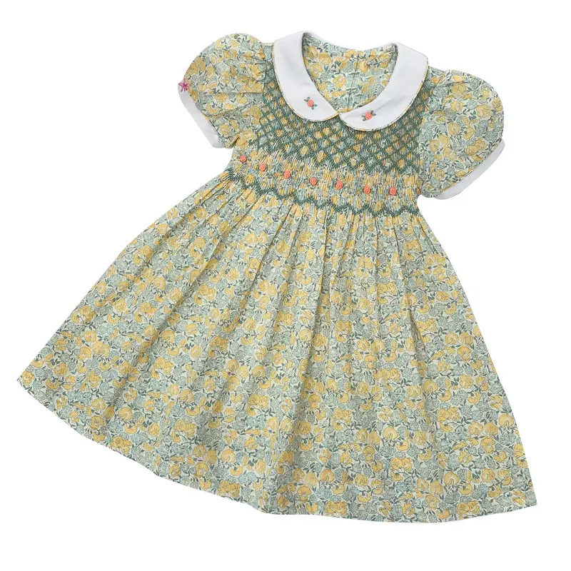 European Style White Peter Pan Collar Patchwork Green&Yellow Flower Pattern Floral Smocking Children Dress