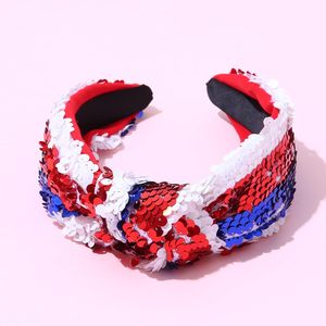 高級スパンコールデザイナー赤白と青のキラキラファッション結び目ヘアバンドアメリカアメリカ国旗スパングル独立記念日ヘッドバンド - Product Image 1
