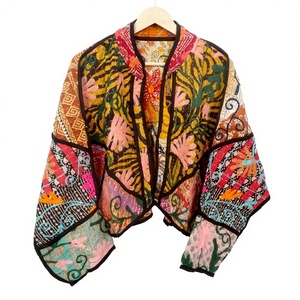 Hand Embroidered Patchwork Cotton <b>Jacket</b> Asymmetric Drop Shoulder Full Sleeve Boho Women's Spring Wear - Product Image 1
