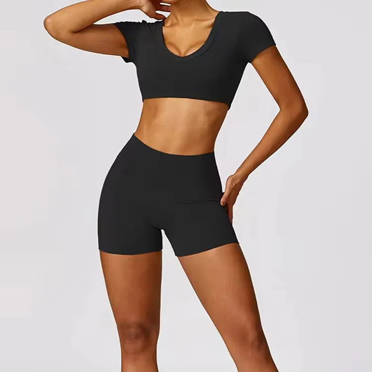 2024 desain baru daur ulang anti-menyusut wanita lembut pinggang tinggi Gym legging v-berbentuk pinggul kontur celana pendek untuk Yoga Bra gaya wanita