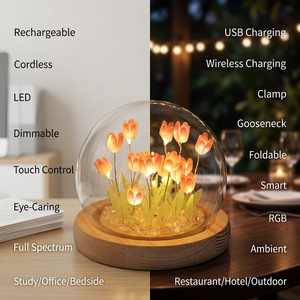 Lampe de nuit LED rechargeable en forme de tulipe avec globe en verre, base en bois, commande tactile, lampe de table à intensité variable pour chambre à coucher - Product Image 1