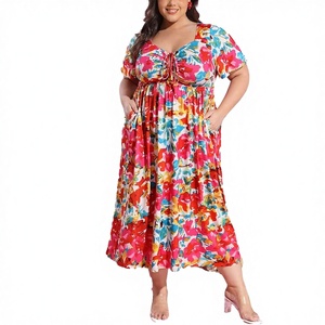 Custom Printed ODM Eco-Friendly <b>Plus</b> <b>Size</b> Tie Neck Summer Casual A-Line Maxi <b>Dress</b> Short Sleeve Empire Waist Floral Boho Front - Product Image 3