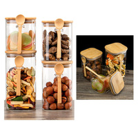 Pot en verre carré en borosilicate sans plomb avec couvercle en bambou et cuillère, hermétique, multifonctionnel pour le stockage en cuisine du café, des bonbons, du thé et des épices