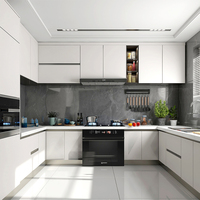 Meuble de cuisine moderne avec tiroir à fermeture amortie, glissière, finition brillante, panneau mélaminé, panier de rangement sous évier