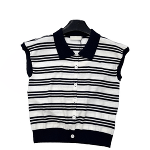 Camiseta sin Mangas de Punto a Rayas Estilo Retro para Mujer, con Cuello y Botones, Prenda Exterior Informal - Product Image 1