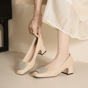 SQUARE TOE PUMPS <b>BLOCK</b> HEEL HIGH HEEL RHINESTONE DECORATION OFFICE SHOES COMFORTABLE STYLE - Product Image 2