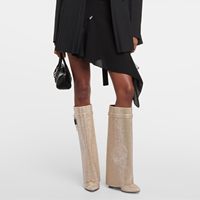 Bottes Hautes Scintillantes à Strass et Bout Pointu pour Femmes, Modèle Pliable, Talon Plat Compensé, Style Hiver Élégant