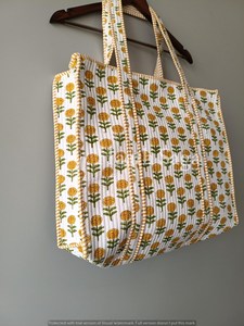 Sac fourre-tout en coton imprimé à la main avec motif floral, style bohème, ouverture supérieure, sac de shopping pour femmes, toutes saisons - Product Image 5