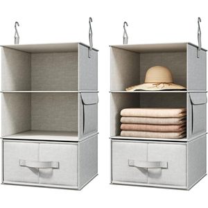 3-<b>Shelf</b> Hanging Closet Organizer Set Of 2 With Drawers For Wardrobe Clothing Storage Rectangular <b>Hook</b> Type Non Woven - Product Image 1
