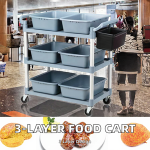 Chariot de service alimentaire commercial Liyonda moderne à 3 niveaux - Gris, noir, plastique, aluminium, pour restaurants, cuisines, hôtels - Product Image 2