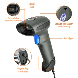 Henex Bevorderen Verkoop Gun Handheld 1D 2D Qr Snoer Wired Barcode Scanner Scanner Voor Supermarkt