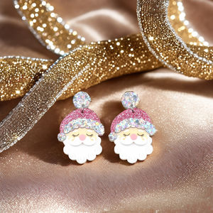 HYLER2559 akrilik küpe toptan noel pembe Santa stil UV baskılı lazer kesim sentetik elmas inci altın moda - Product Image 2