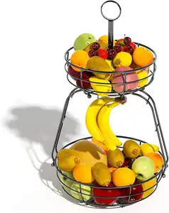 2 Tiers Detachable Fruit Basket Bowl Banana Hanger countertop Kitchen Counter Fruit Stand Handle Storage Racks Shelving Units