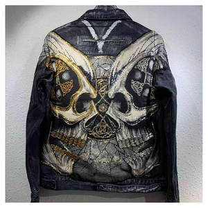 Giacca di <span class=keywords><strong>Jeans</strong></span> da <span class=keywords><strong>Uomo</strong></span> Mingwei Personalizzata Blu Lavato con Ricami Stile Motociclista - Product Image 5