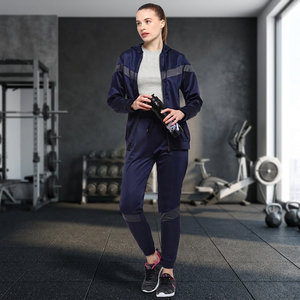 Survêtement pour femme bleu marine à blocs de couleur, fermeture éclair intégrale, à capuche, style sportif décontracté, coupe régulière, en polyester, avec poches latérales, pour l'automne - Product Image 1