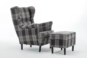 Veloz navio estilo francês moderno tartan destaque, traseira de luxo asas de volta sofá com pé para sala de estar