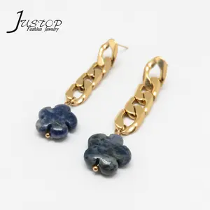 White Blue Stone Flower Pendant Design Sodalite Earrings With Gold Plated Cuba Chain