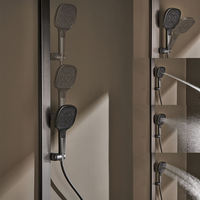 Système de douche thermostatique coulissant apparent avec mitigeur, finition brossée, pommeau de douche pluie en céramique avec jets de massage et grande étagère, pour usage hôtelier