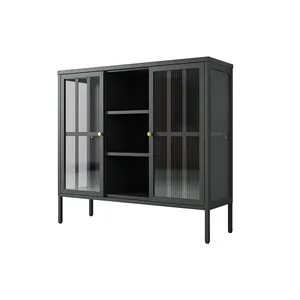 Multi-Functional steel storage cabinet living room design sideboard glass door bookcase display cabinet Black