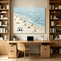 Tableau mural encadré style impasto, motif ciel bleu ensoleillé et plage de surf, décoration thème littoral pour famille, complexe hôtelier, club de plage, villa de location