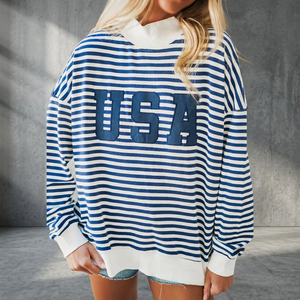 Sweat-shirt rayé personnalisé pour femme, coupe oversize, épaules tombantes, rayures horizontales, imprimé lettres universitaires, col montant, collection automne-hiver - Product Image 1