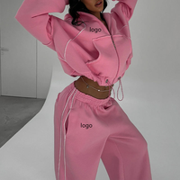 Grosir merek pakaian Coords Set untuk wanita kustom Zip up baju olahraga berat celana kaki lebar dan Zip up Set Hoodie