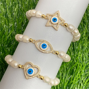 Bracciali <span class=keywords><strong>con</strong></span> Charm di Perle Ostriche Bianco Sporco <span class=keywords><strong>e</strong></span> Ciondoli Occhio di Allah Dorati <span class=keywords><strong>con</strong></span> Pietre Trasparenti per Uso Quotidiano - Product Image 3