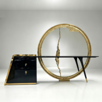 Table de toilette de luxe italienne avec miroir LED effet craquelé doré, 2 tiroirs, finition noir brillant, structure métallique, pour chambre et appartement