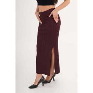 Falda Ajustada de Punto Borgoña de Moda al por Mayor, Abertura Lateral, Cintura Imperio, Cintura Natural, Tela de Lana con Spandex, Estampado Informal - Product Image 6