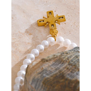 JINYOU-Collier élégant en acier inoxydable plaqué or 18 carats avec pendentif en forme de croix et de zircon cubique, chaîne de perles, cadeau, 965 - Product Image 3
