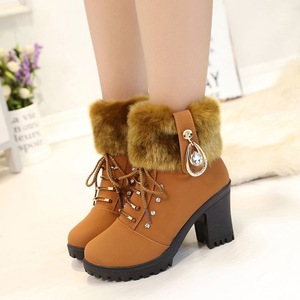 Bottines tendance en fausse fourrure Xuanhui, talon haut, lacets, fermeture éclair latérale, bottes d'hiver pour femmes, bottes de neige pour femmes - Product Image 1