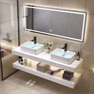 Vanidades de baño de superficie sólida europea, lavabo de pizarra de <span class=keywords><strong>Roca</strong></span> montado en la pared, tocador de lavabo doble de mármol con espejo Led - Product Image 2