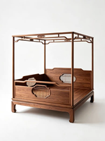 Cama King Size de Madera Maciza Tallada Estilo Chino, Estructura de Cama con Dosel de Cuatro Postes de Nogal, Juego de Muebles de Dormitorio King de Lujo