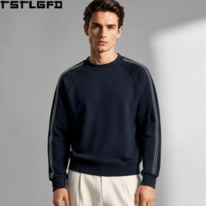 Cut And Sew Crewneck <b>Sweatshirt</b> Men <b>Navy</b> Zigzag Contrast Stripe Wholesale - Product Image 1