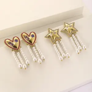 New French Style Trendy Chic Gold Plated Stainless Steel Jewelry Sweet Cute Exquisite Pearl Tassel Heart Star Stud Earrings