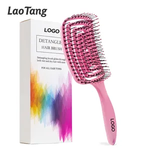 Logotipo personalizado Molhado E Seco Curvo Vent Massagem Square Paddle Detangle Escova De Cabelo Para Cabelo Encaracolado Escova Detangling Brush